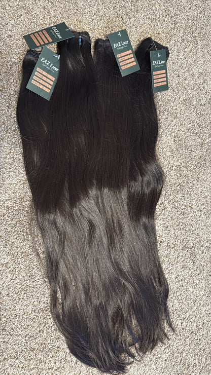 Branded Raw SEA Straight bundles showing the natural single-drawn finish