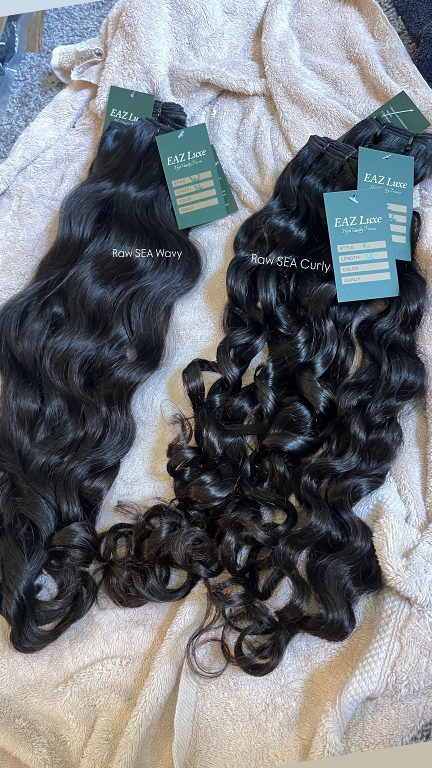 Side-by-side comparison of Raw SEA Wavy and Raw SEA Curly textures